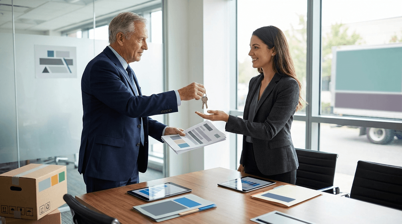 Moving company founder handing over keys and operational documents to a new owner during a formal business transition handover meeting