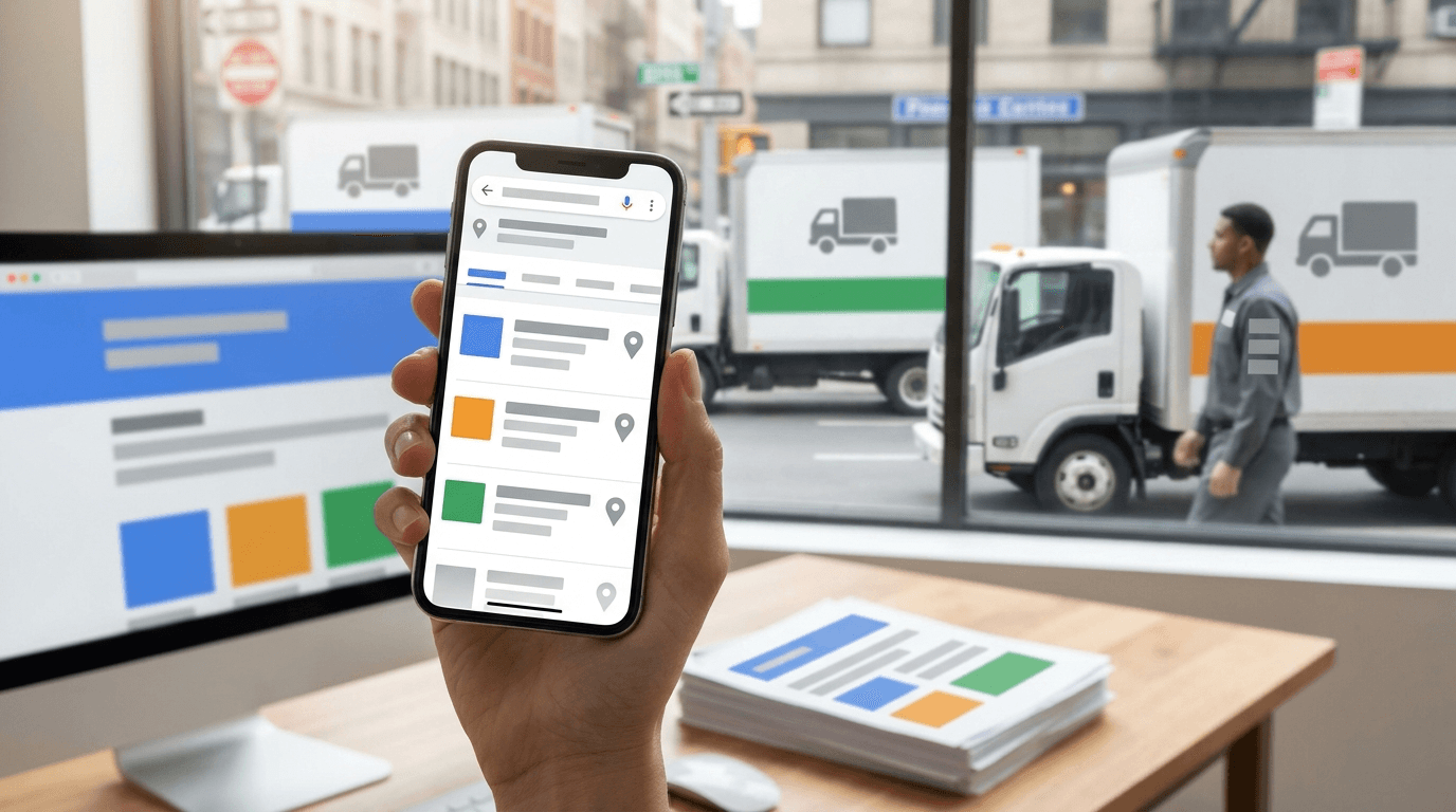 Google Maps Pack showing three moving companies competing for top positions in a city search