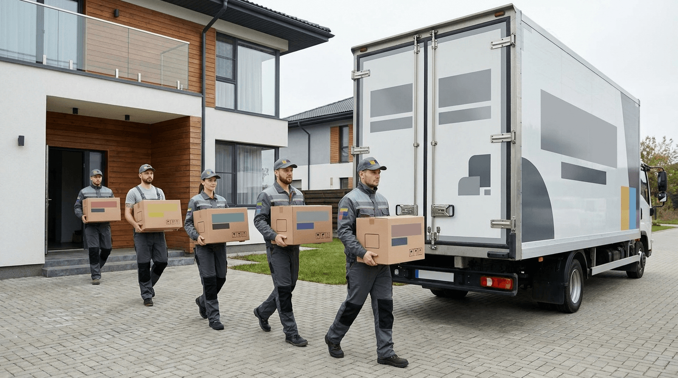 Moving crew carrying boxes out of a house with a branded truck parked in the driveway