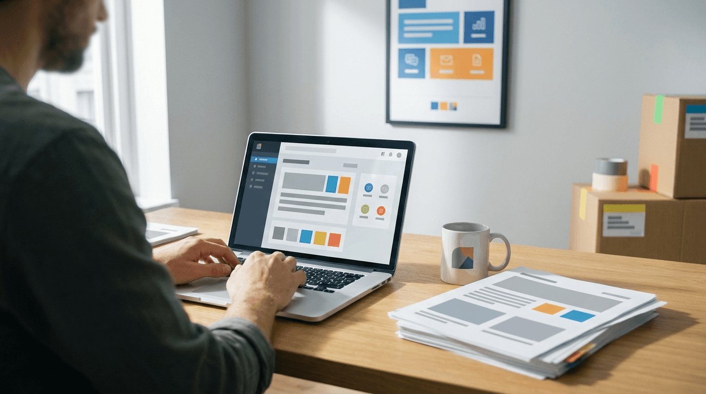 Moving company owner at a desk reviewing Google Business Profile analytics on a laptop