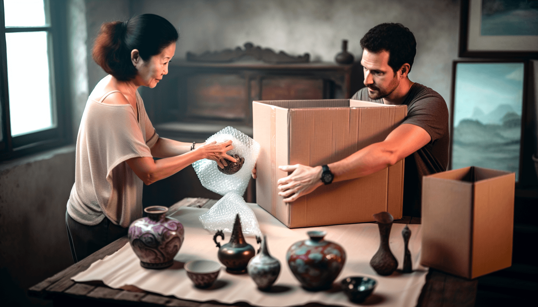 Packing fragile items with bubble wrap and packing paper, more fragile the item the more padding you need