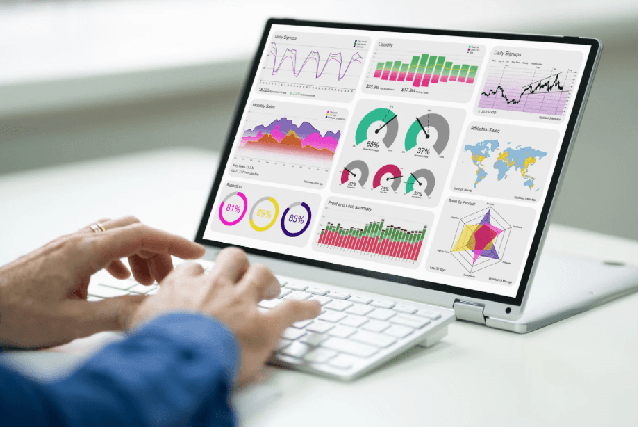 computer desk displaying graphs and analytics