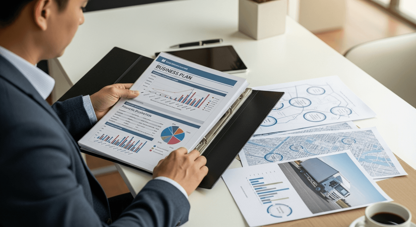 Professional entrepreneur sitting at a desk reviewing a detailed moving company business plan binder, with printed financial projection charts, a city map with service area circles, and a moving truck photo visible