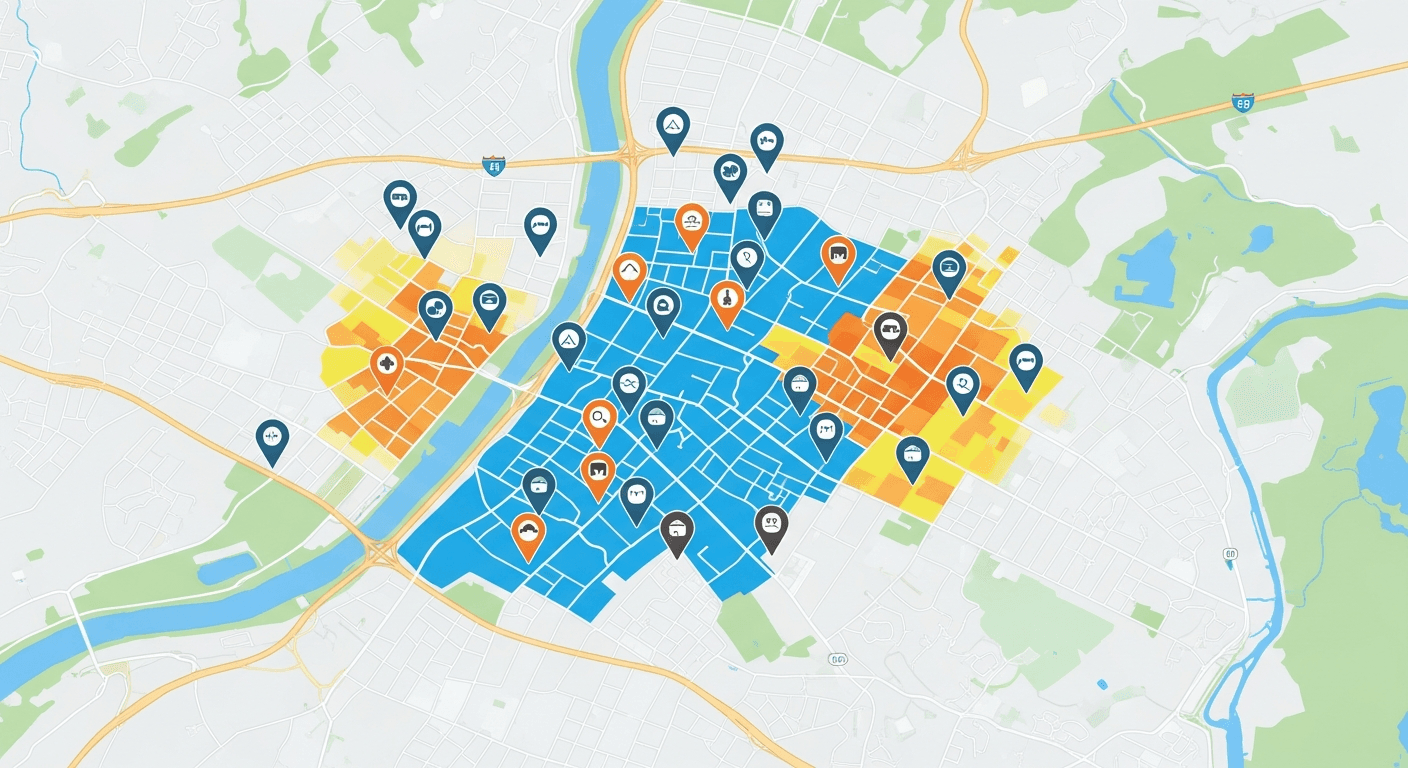City map showing a moving company's geographic service area highlighted in blue, with competitor pin markers distributed across neighborhoods and a residential density heat map overlay