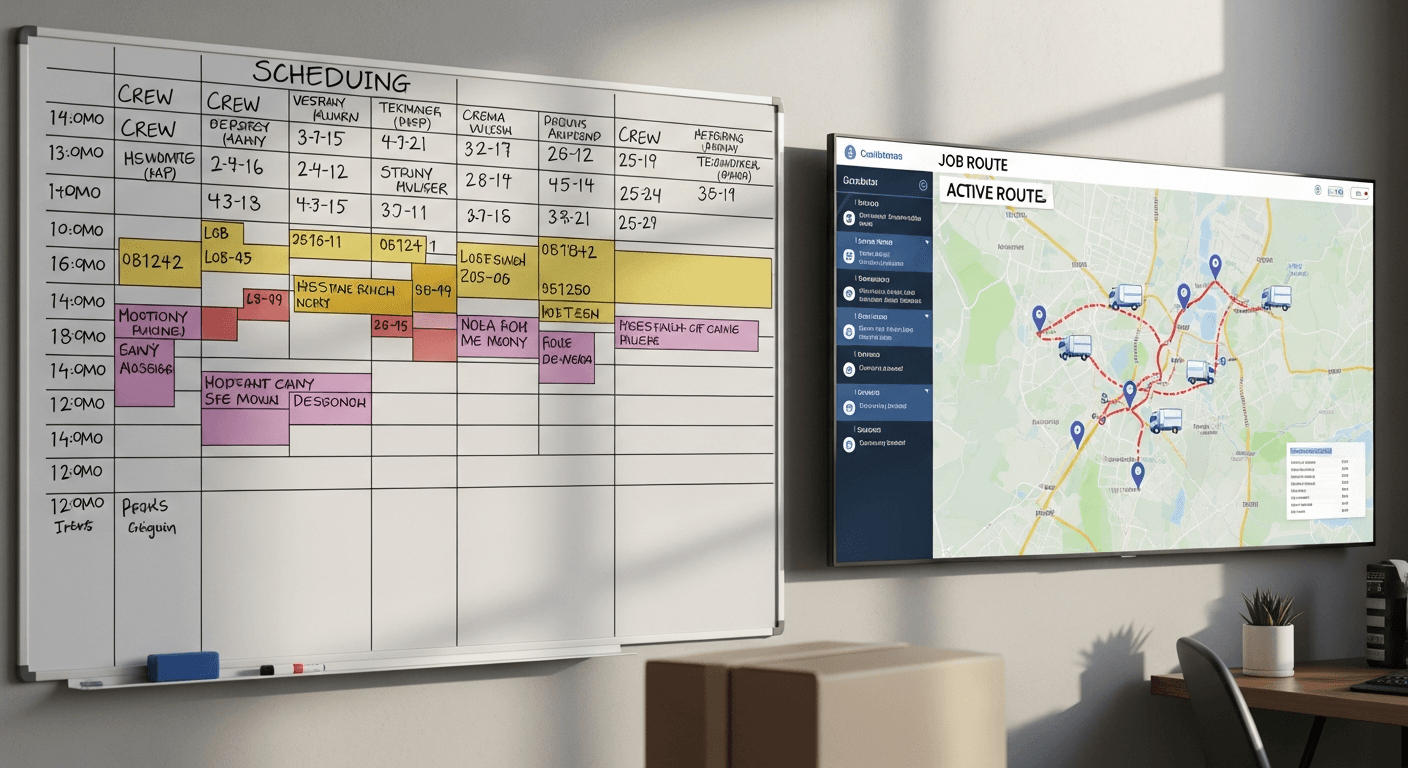 Moving company dispatch center showing a whiteboard scheduling grid with crew names, truck numbers, and job time blocks, alongside a large digital map screen with active job routes and customer locations marked