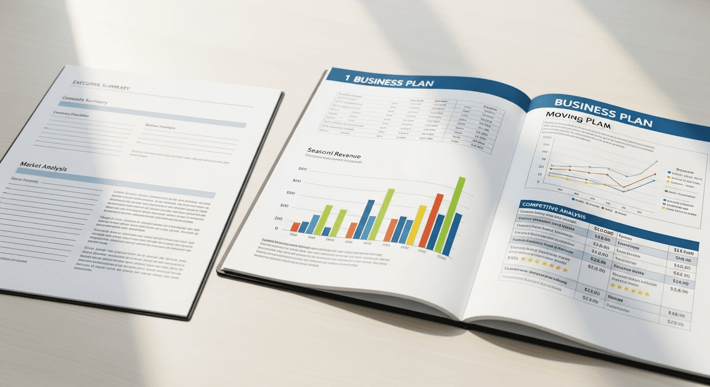 Side-by-side comparison of two business plans: a thin generic three-page template on the left versus a detailed moving company plan on the right showing industry-specific financial tables, seasonal revenue charts, and a competitive analysis grid