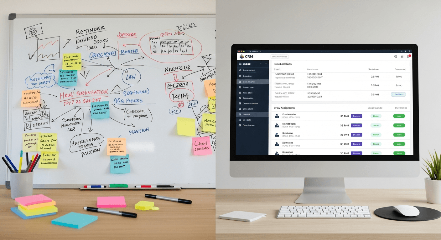 Chaotic whiteboard and sticky notes sitting next to a clean moving company CRM dashboard with organized leads, scheduled jobs, and crew assignments