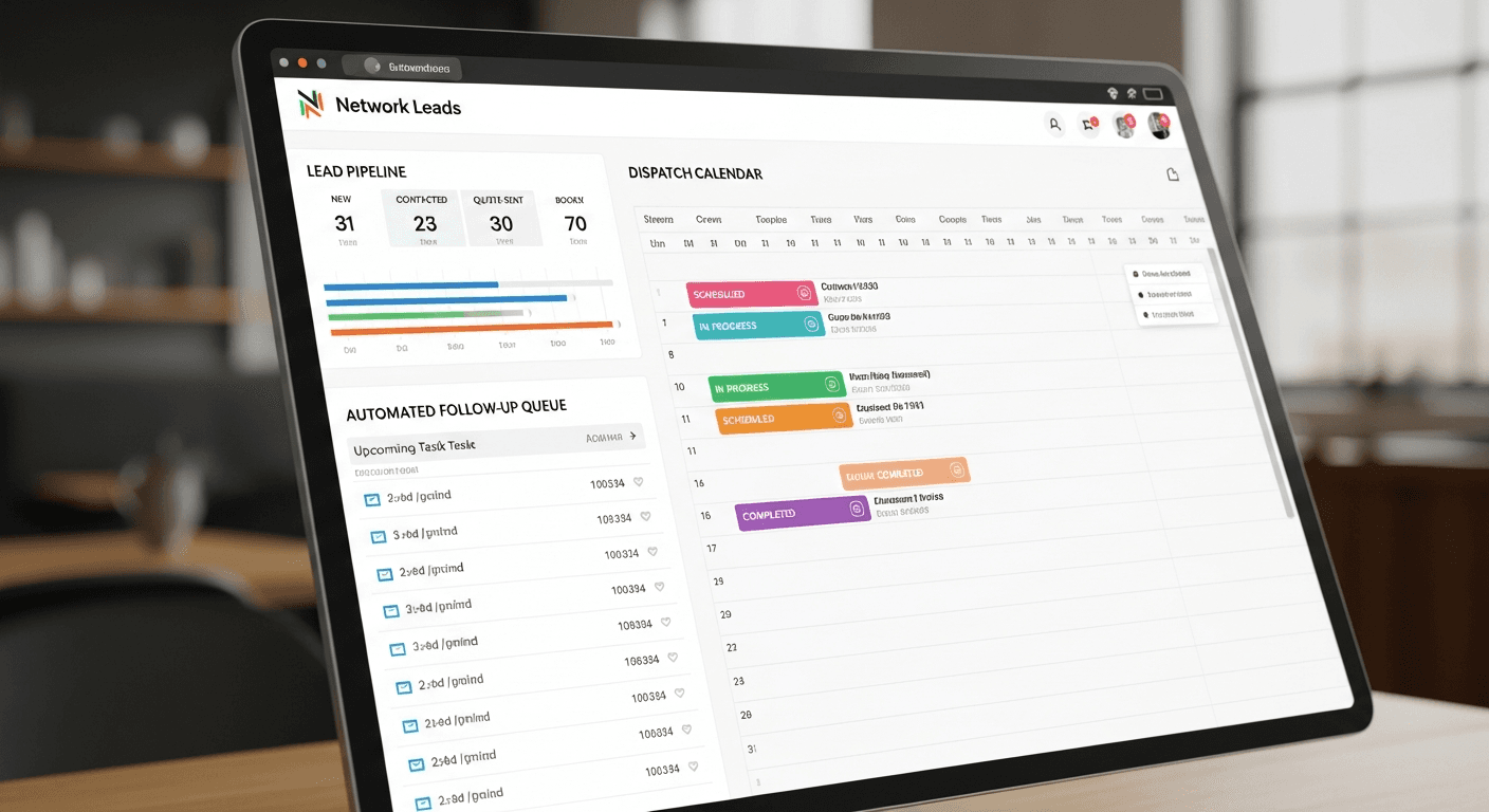 Network Leads moving company software dashboard showing the lead pipeline, automated follow-up queue, and dispatch calendar with job assignments