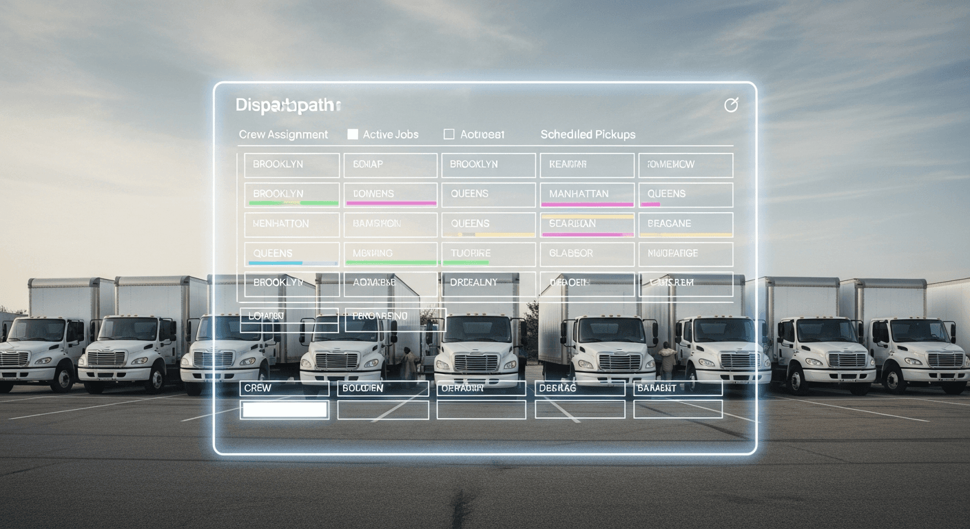 Moving company fleet of ten trucks parked in a lot with a software dispatch board overlay showing crew assignments, active jobs, and scheduled pickups across multiple locations