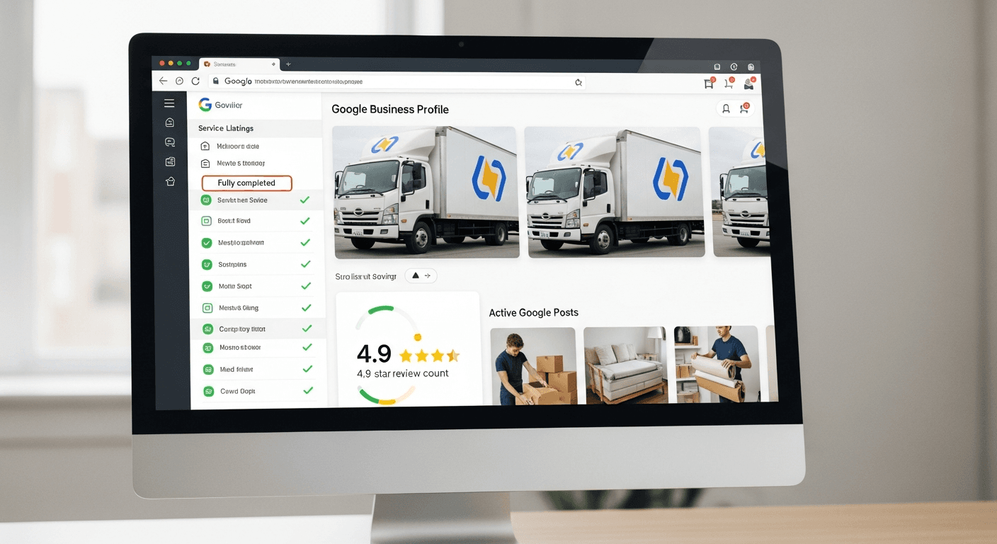 Google Business Profile dashboard for a moving company showing branded truck photos, active Google Posts, a 4.9-star review count, and fully completed service listings
