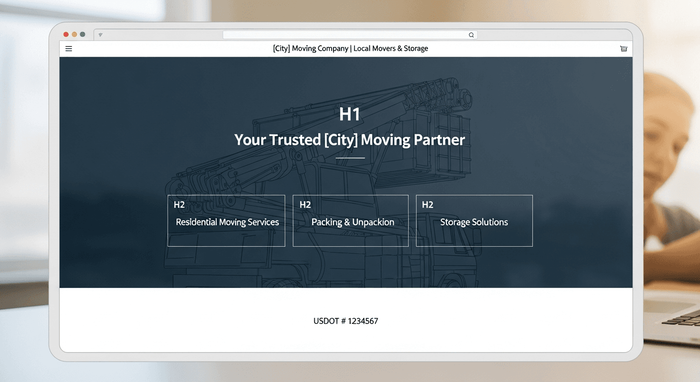On-page SEO structure for a moving company homepage showing title tag with city and keyword, H1 header, H2 service sections, and USDOT number displayed in the footer