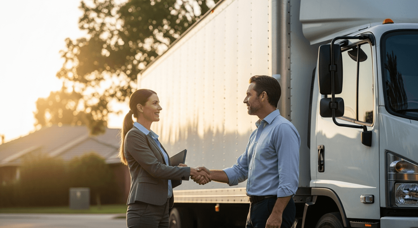 Moving company owner shaking hands with a real estate agent beside a branded moving truck, representing a local link-building and referral partnership