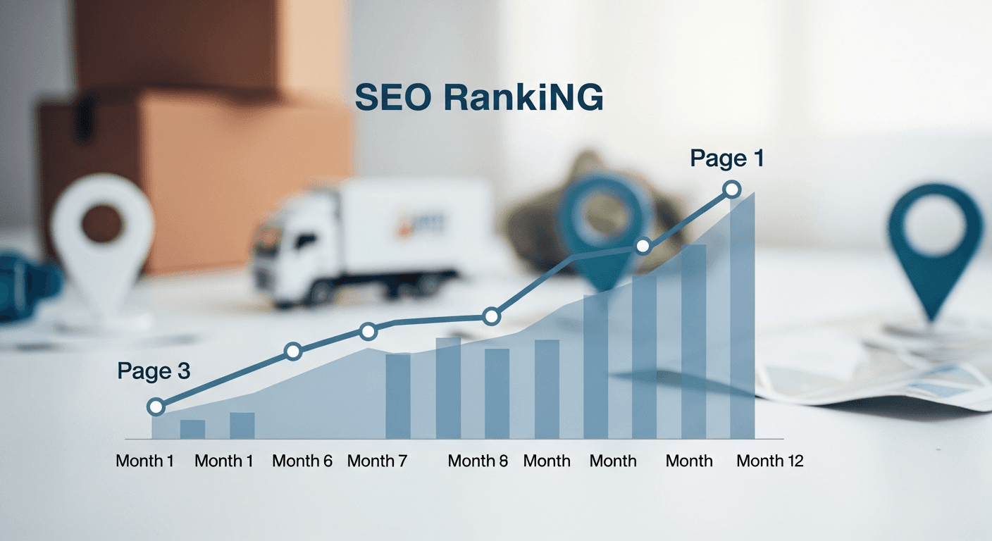 12-month SEO ranking progress chart for a moving company showing gradual climb from page three to page one across city-level and near-me search queries