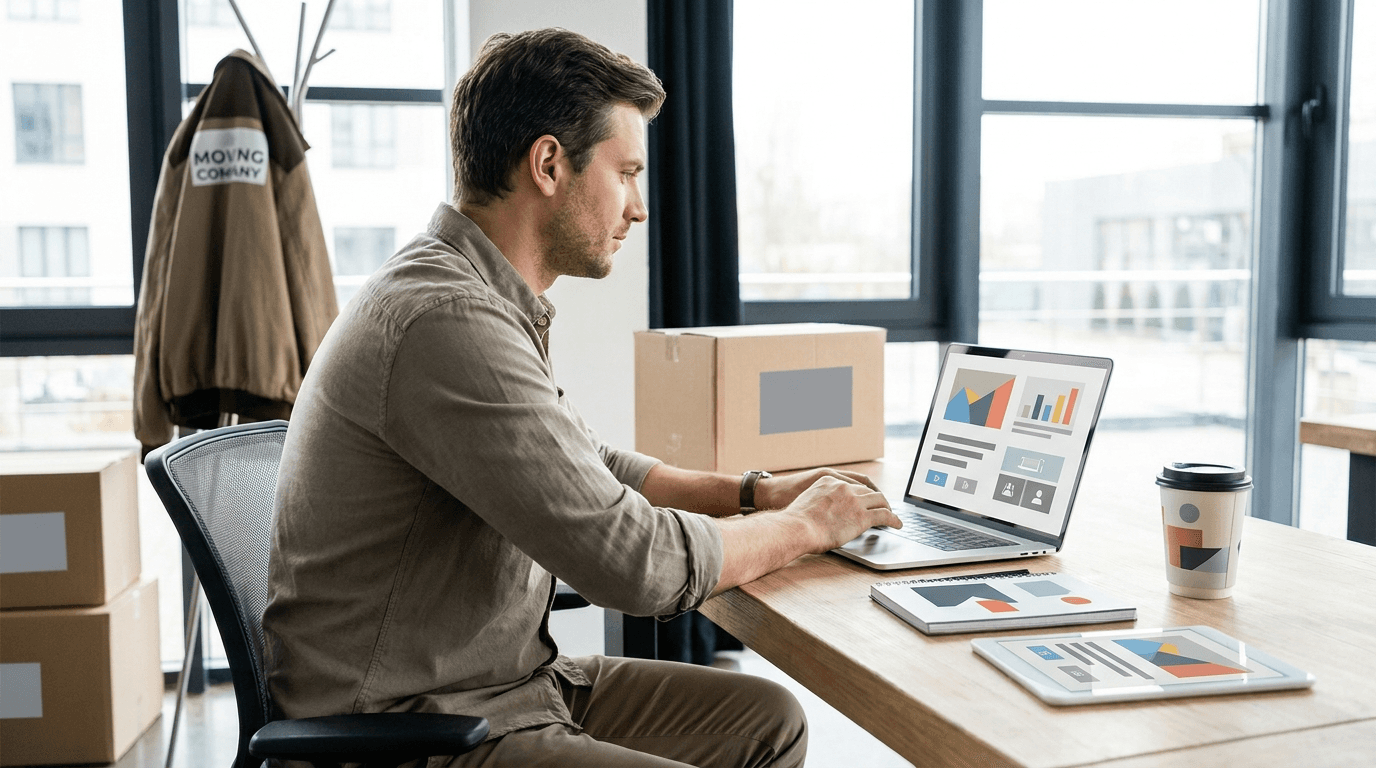 Moving company owner reviewing KPI dashboard on a laptop showing growth charts and conversion metrics