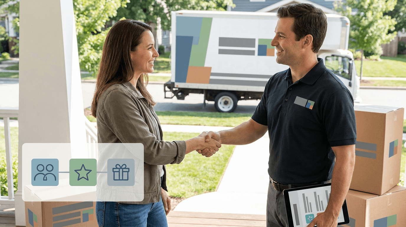Moving crew receiving a five-star review on a phone screen with satisfied customer in front of their new home