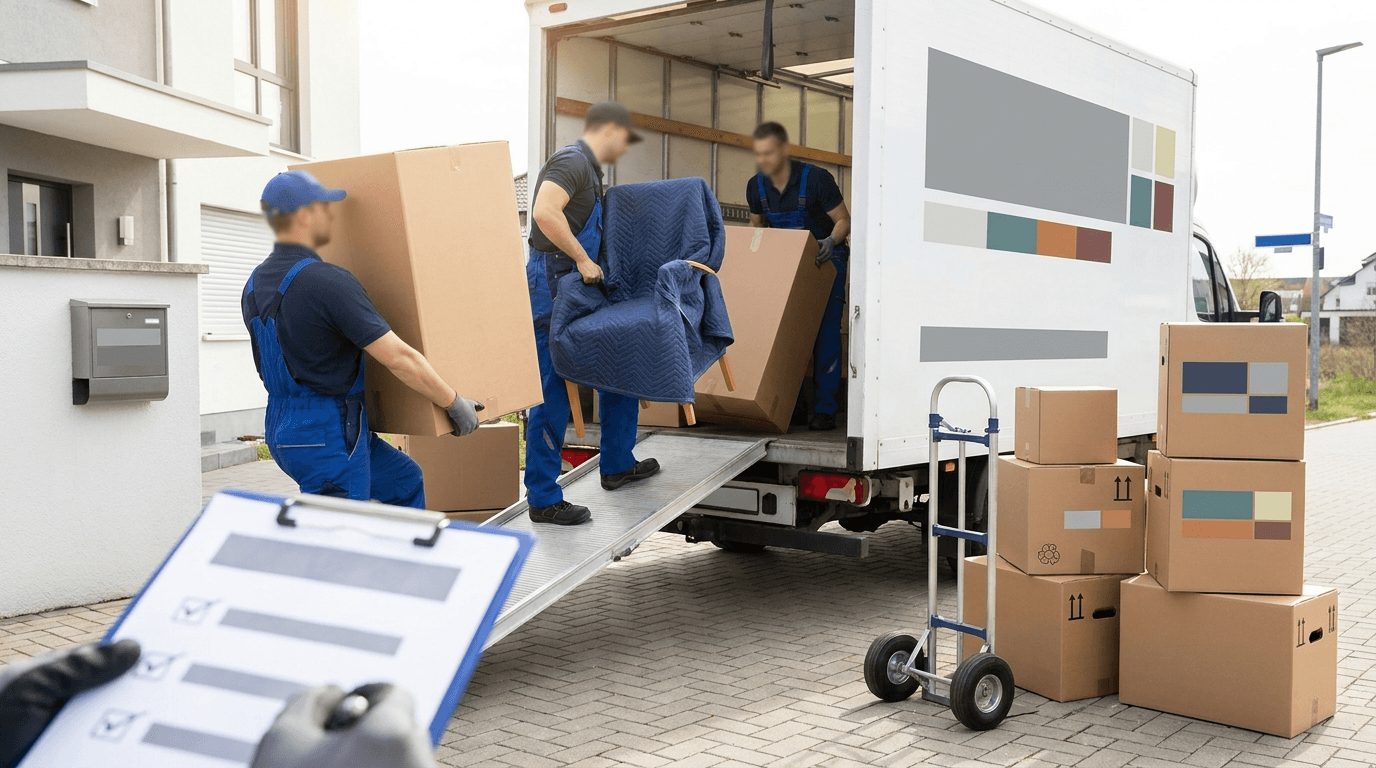 Moving crew loading a residential truck with boxes, furniture dolly, and moving blankets on a sunny day