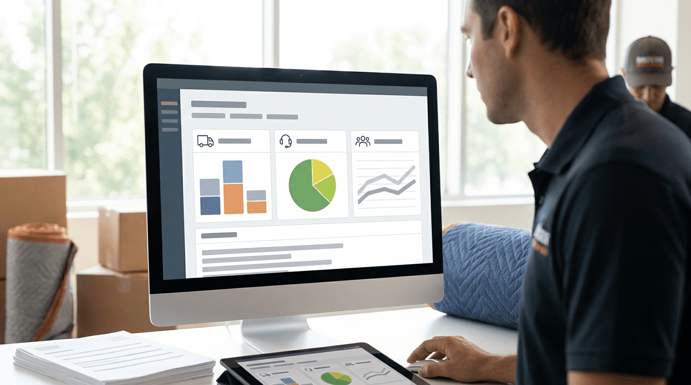 Moving company software dashboard displaying job profitability, revenue by lead source, and crew utilization rate