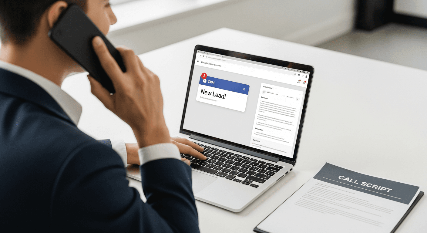 Moving company sales rep making a confident phone call at a desk with a laptop showing a lead notification and a printed call script