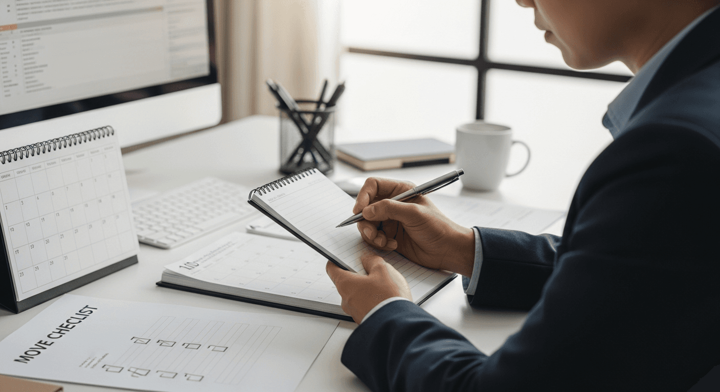 Moving company sales rep with notepad carefully taking down customer details during a discovery call, calendar and move checklist visible on the desk