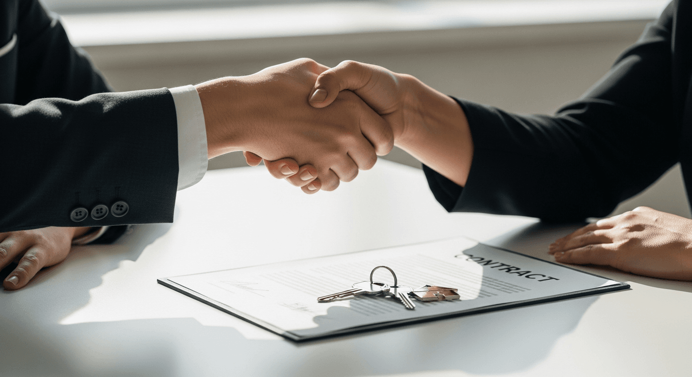 Two people completing a handshake across a desk with a signed moving contract and keys visible, representing a successful sales close