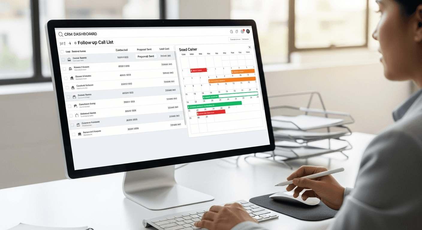 Moving company sales rep reviewing a structured follow-up call list on a CRM dashboard with a color-coded calendar showing lead stages and contact dates