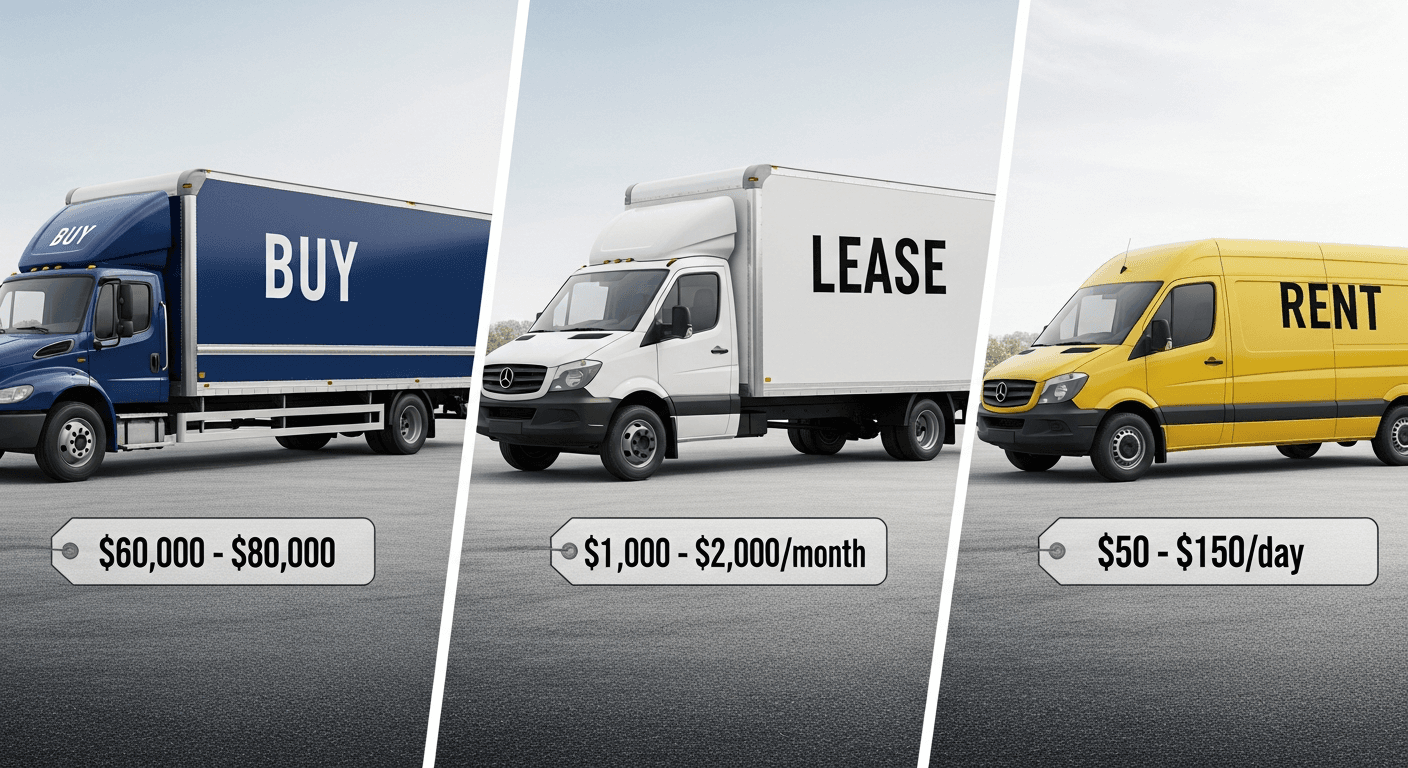 Side-by-side comparison of three commercial moving trucks labeled Buy, Lease, and Rent with cost estimate tags visible below each vehicle