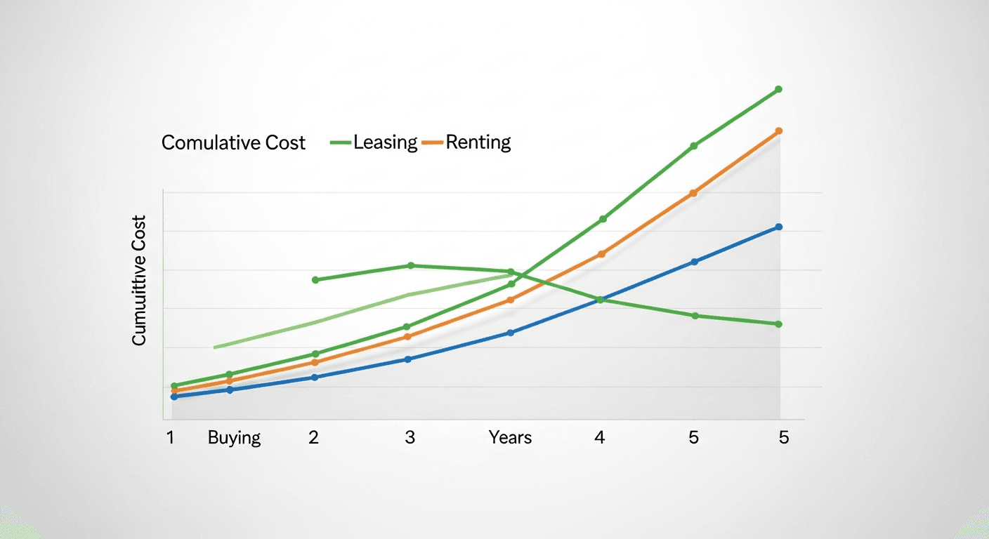 Line graph showing 5-year cumulative cost curves for buying, leasing, and renting a moving truck, with the buy curve remaining lowest after year two