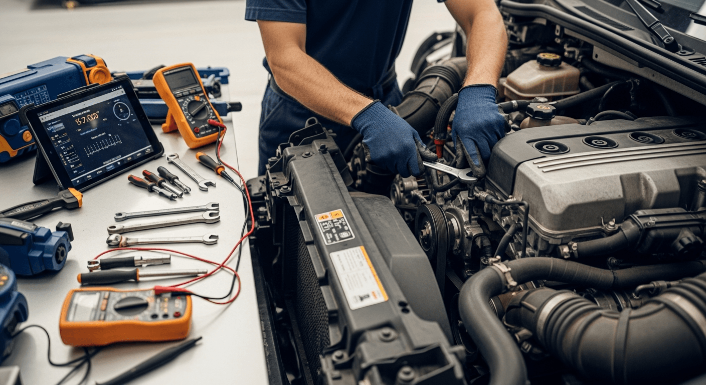 Close-up of a moving truck engine bay being serviced by a commercial mechanic, diagnostic tools laid out on a workshop bench