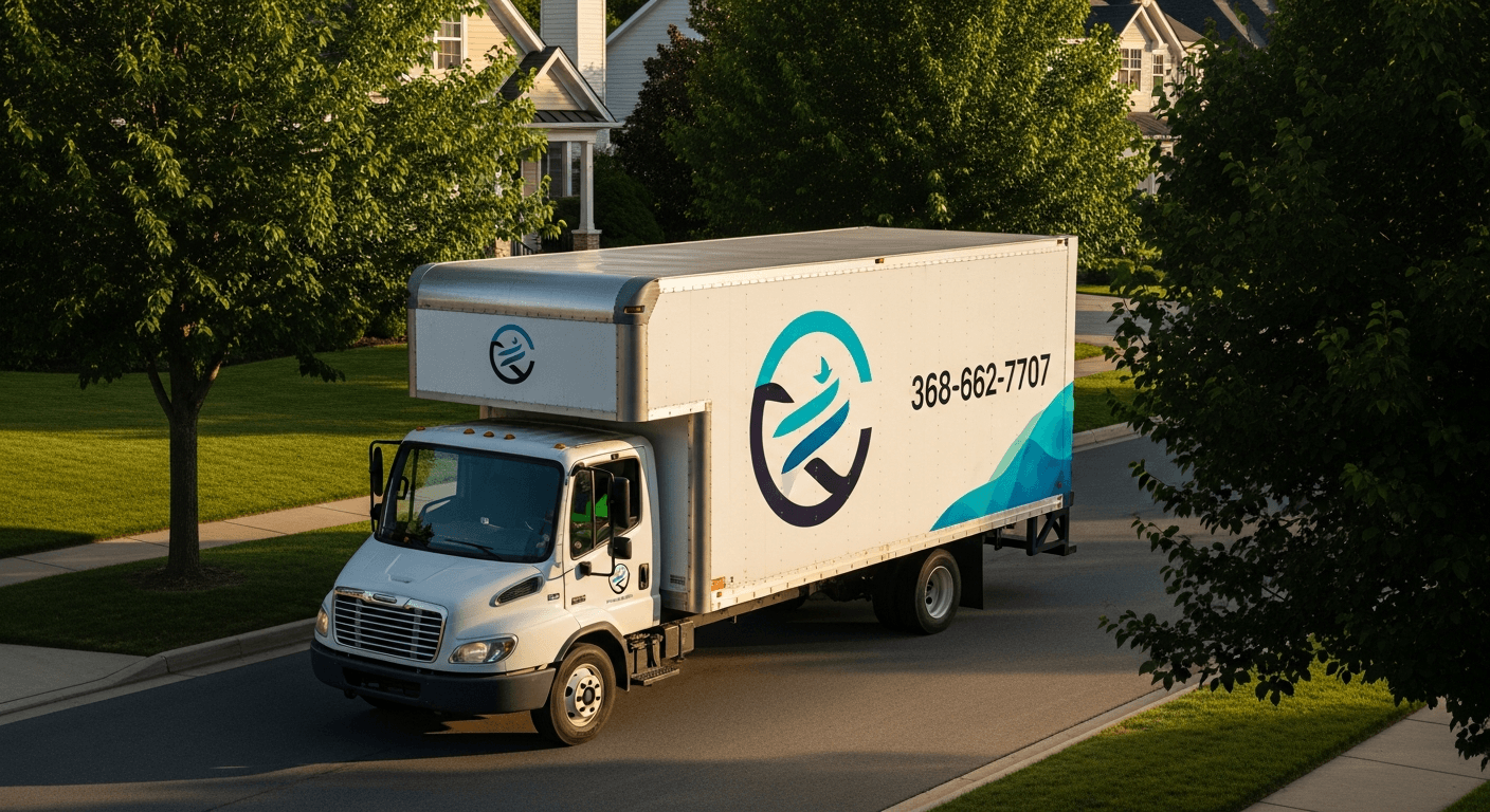 Professionally branded moving company box truck with full-color wrap including logo and phone number driving through a residential neighborhood