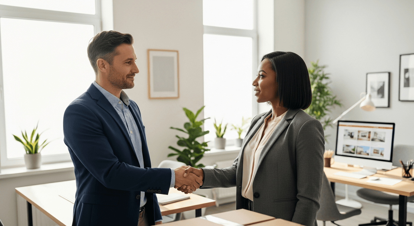 Moving company owner and real estate agent shaking hands at a residential open house, professional setting with a sold sign in the background