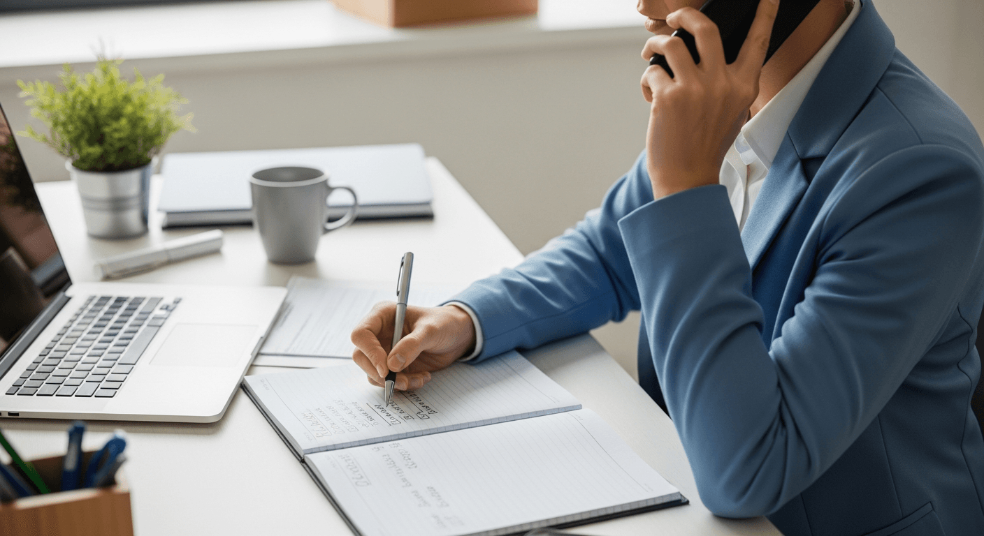 Real estate agent handing a homebuyer a co-branded moving guide at a closing table, both smiling, moving company logo visible on the pamphlet