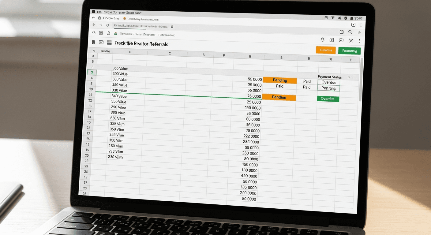 Spreadsheet on a laptop screen tracking referral leads from 12 realtor partners with monthly totals, close rates, and revenue generated per partner
