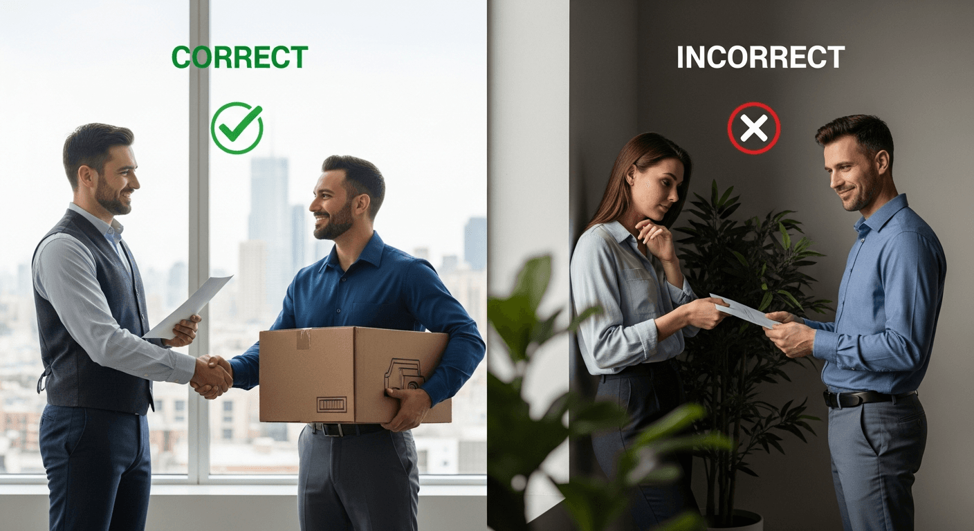 Moving crew carefully unloading boxed furniture at a newly purchased suburban home, real estate agent in the background reviewing closing documents on a clipboard