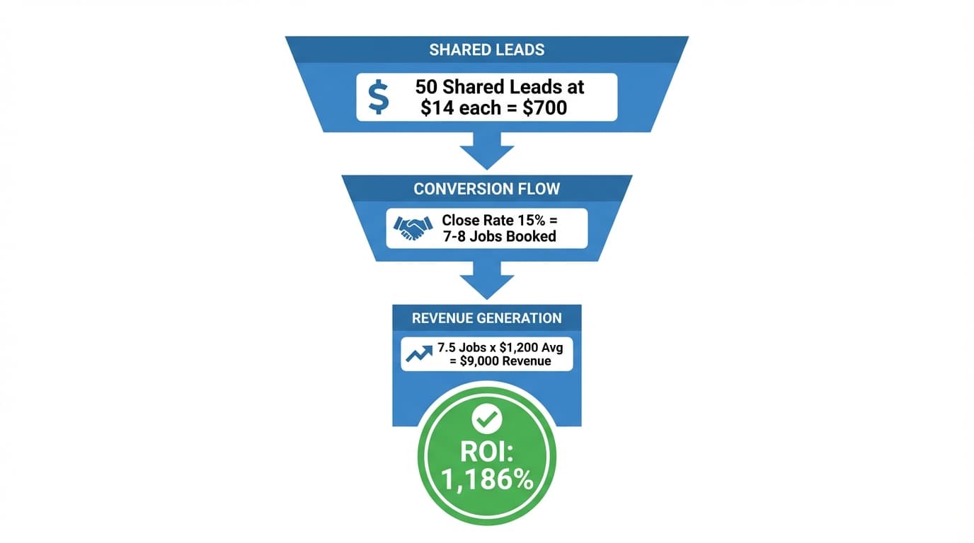 Shared leads ROI funnel showing 50 leads turning into $9,000 revenue