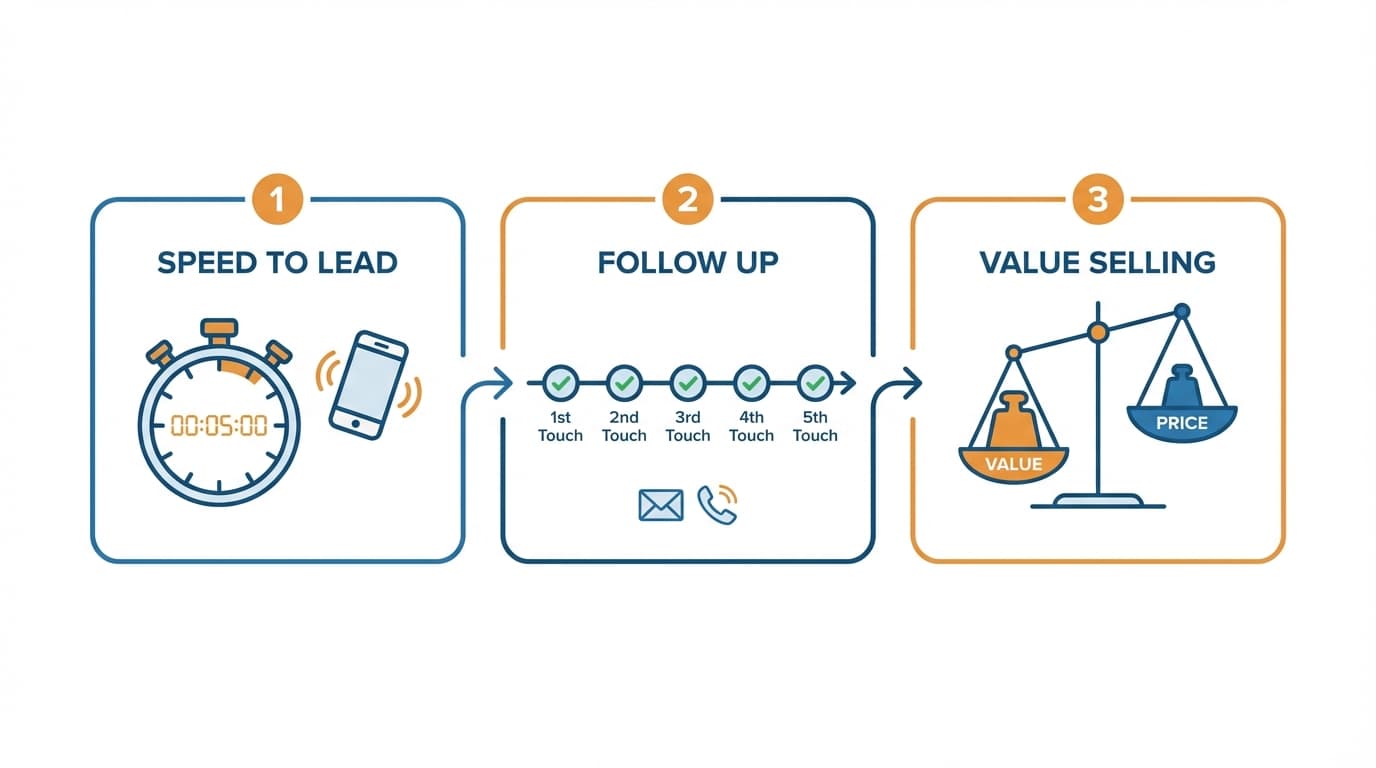 Three strategies to improve close rate: speed, follow-up, and value selling