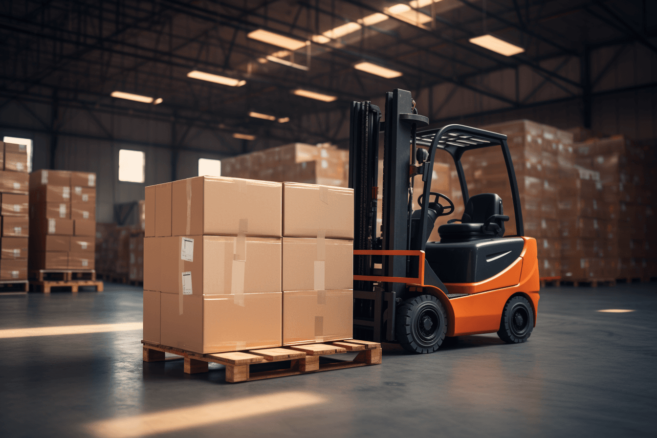 Forklift in a warehouse with a box on the back