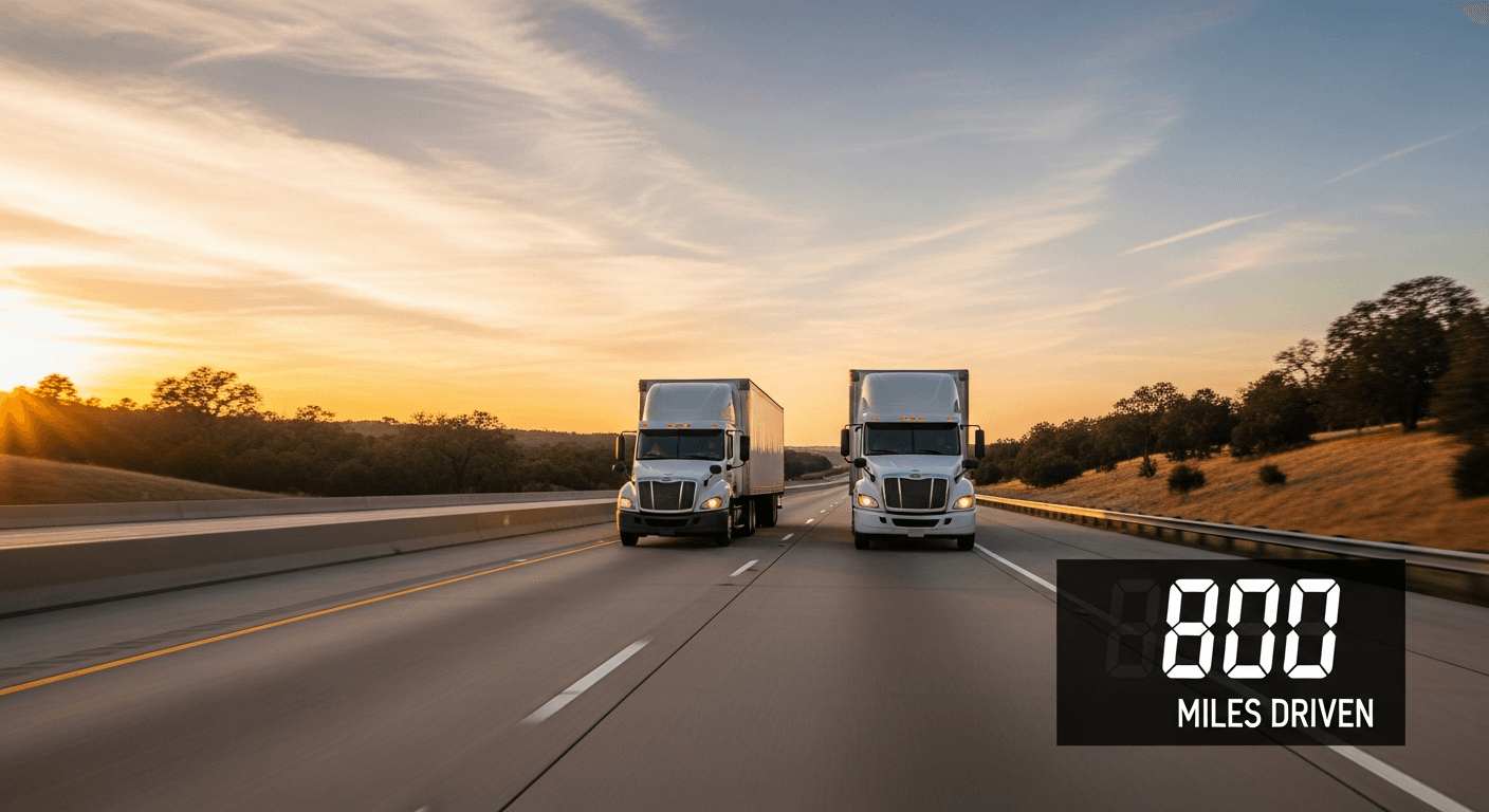 Two moving trucks on an interstate highway at sunset hauling household goods, odometer overlay reading 800 miles driven