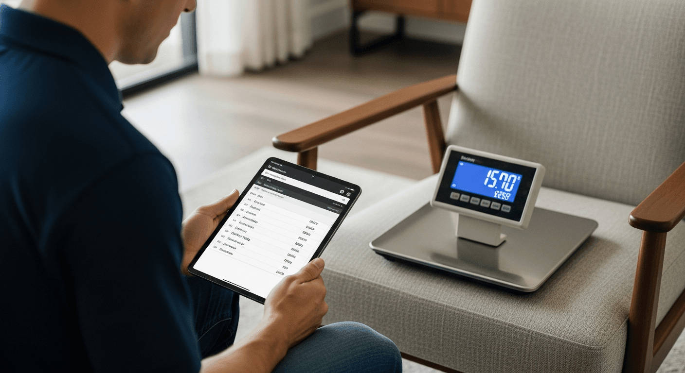 A moving company estimator conducting an in-home survey with a tablet, recording household items room by room