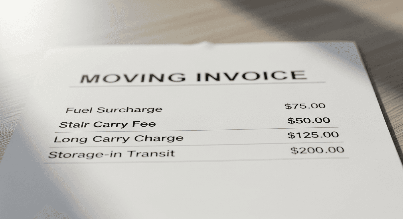 Close-up of a detailed moving invoice showing line items for fuel surcharge, stair carry fee, long carry charge, and storage-in-transit with dollar amounts filled in