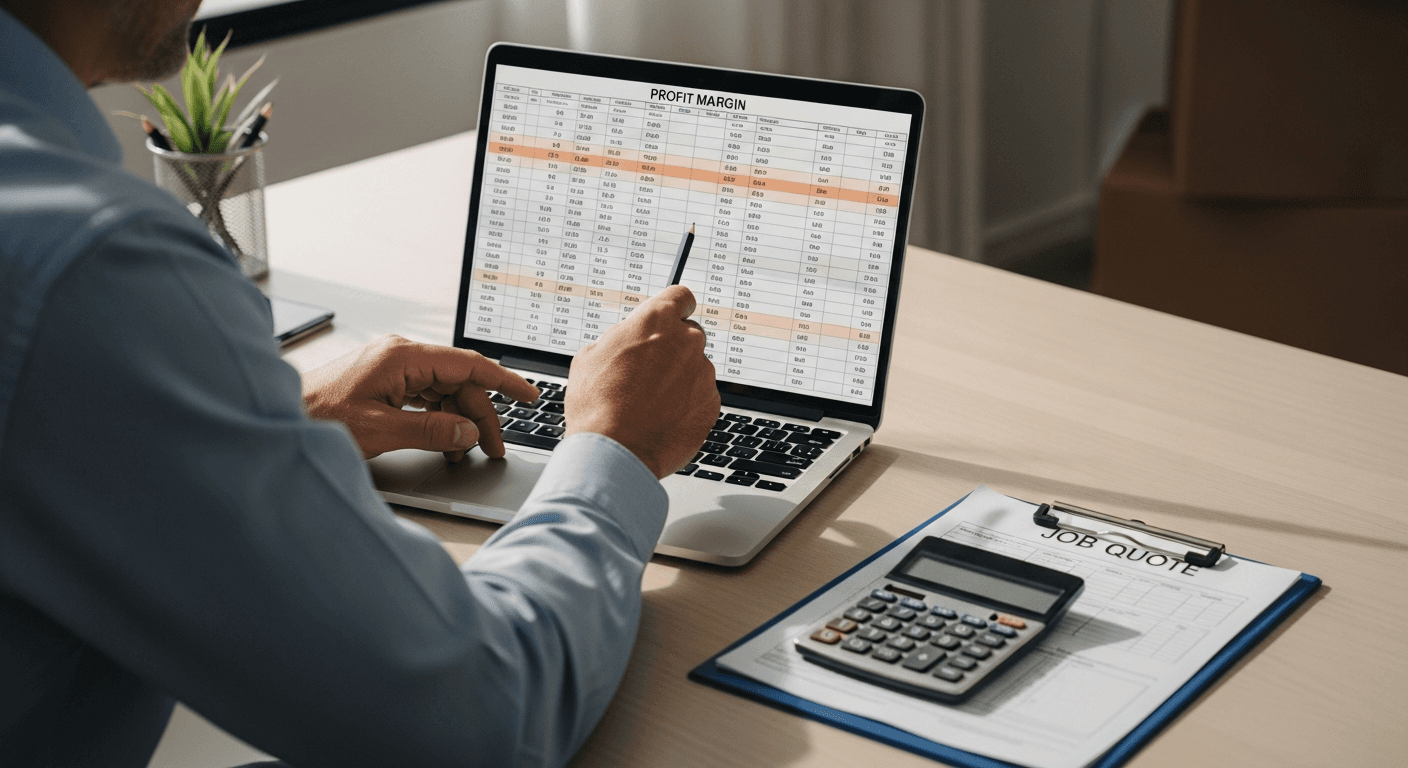 A moving company owner reviewing a profit margin spreadsheet at a desk, calculator and job quote clipboard visible, pencil in hand