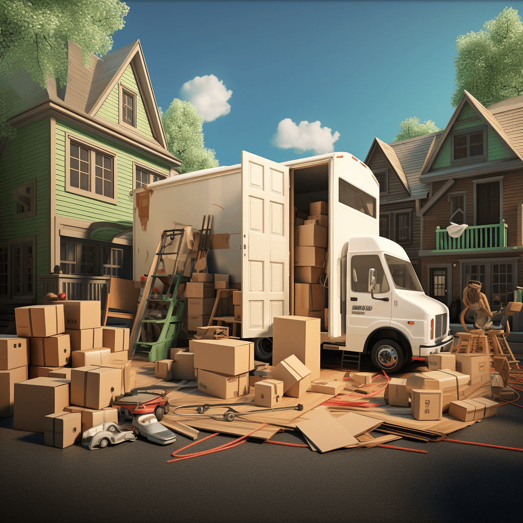 A moving van is parked in front of a house, furniture and boxes being loaded onto it by a team of movers, high speed photography, stick figure, 32K, hyper quality --v 5.2