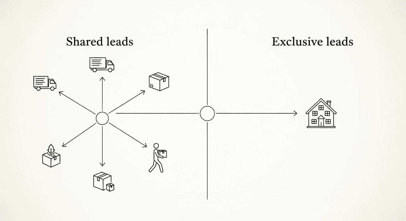 Side-by-side diagram showing a shared lead distributing to four moving companies versus an exclusive lead going to one mover only