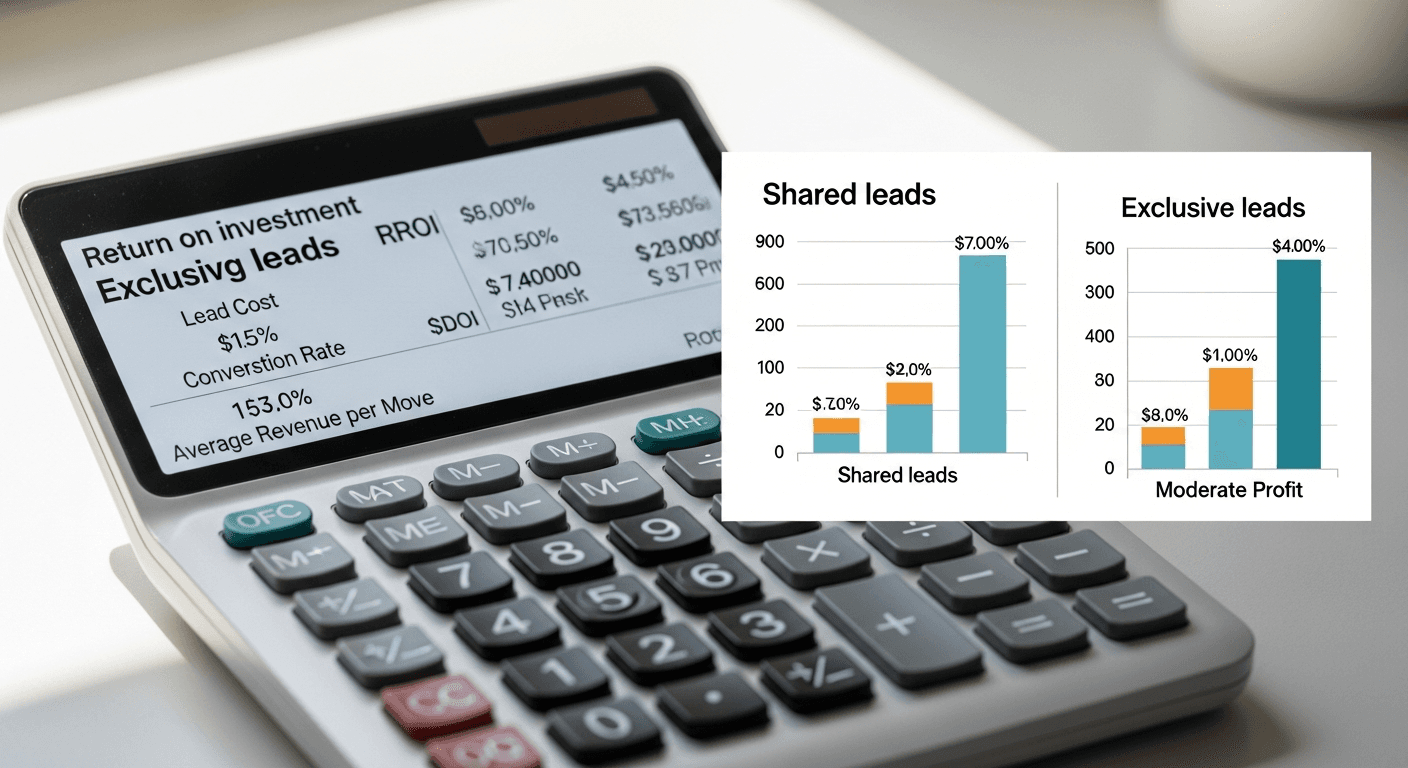 Calculator displaying ROI formulas for shared and exclusive moving leads with profit outcome charts