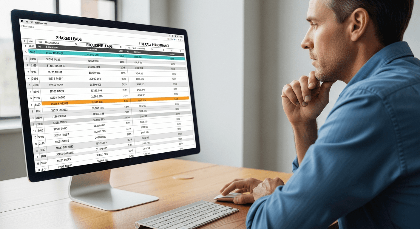 Moving company owner reviewing lead tracking spreadsheet with shared, exclusive, and live call performance side by side