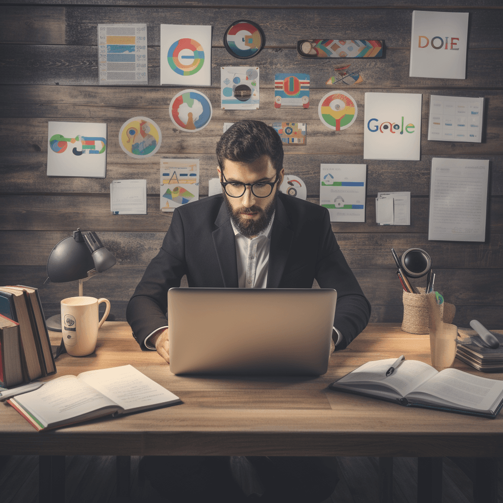 a person sitting in his desk with computer facing us trying to manage his google business listing