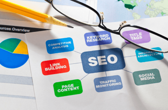 A computer showing a balance between technical SEO and content SEO