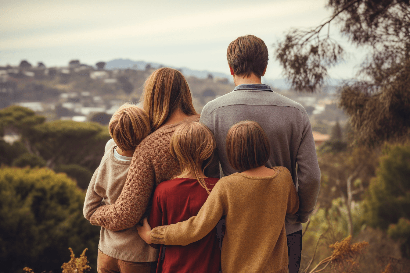 photo back view of family hugging and admiring their home