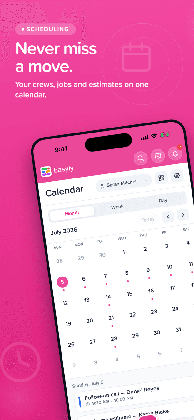 Easyly Workspace calendar on iPhone — a month view with dots marking booked days, and the day's agenda below listing a follow-up call and a home estimate with their time slots