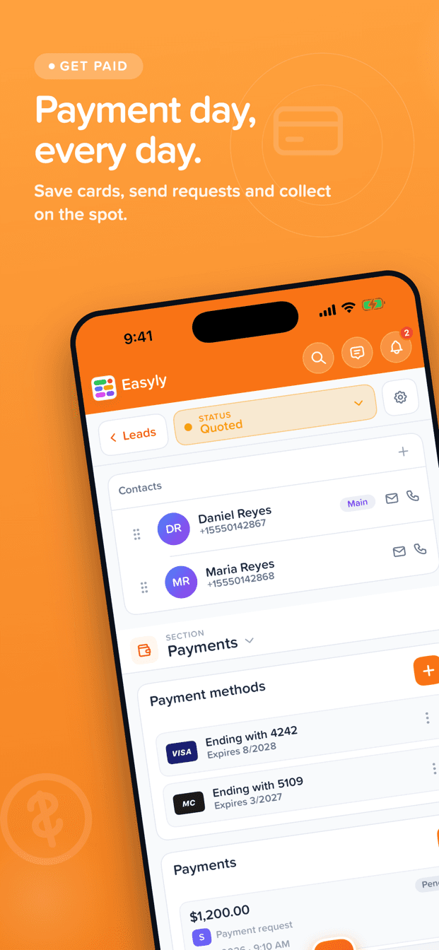 Payments inside a quoted lead in Easyly Workspace — the customer's contacts, saved Visa and Mastercard payment methods on file, and a $1,200 payment request