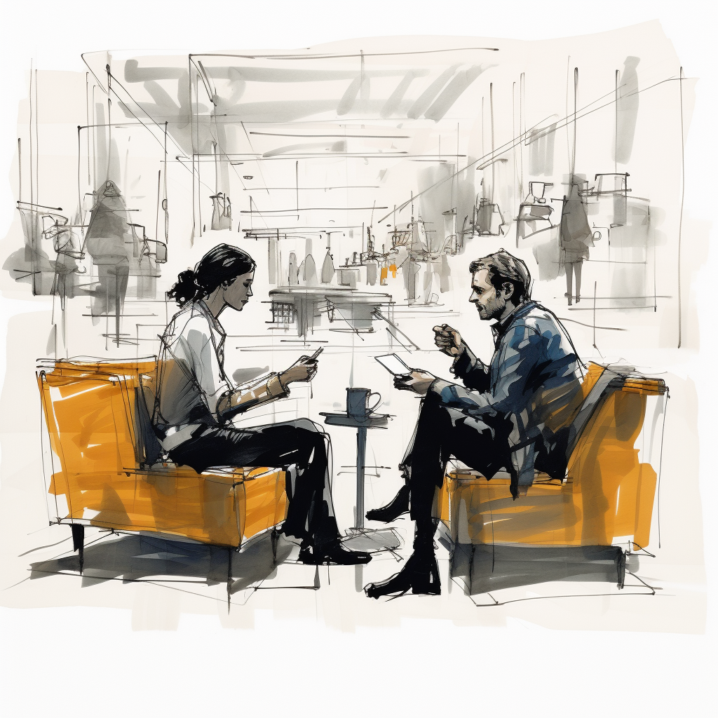 2 people sit an open office discussing feedback. one has a paper next him with notes.